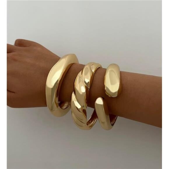 Chunky Gold Bangle Bracelet Set | 14K Plated Stackable Statement Jewelry. - Picture 4 of 5